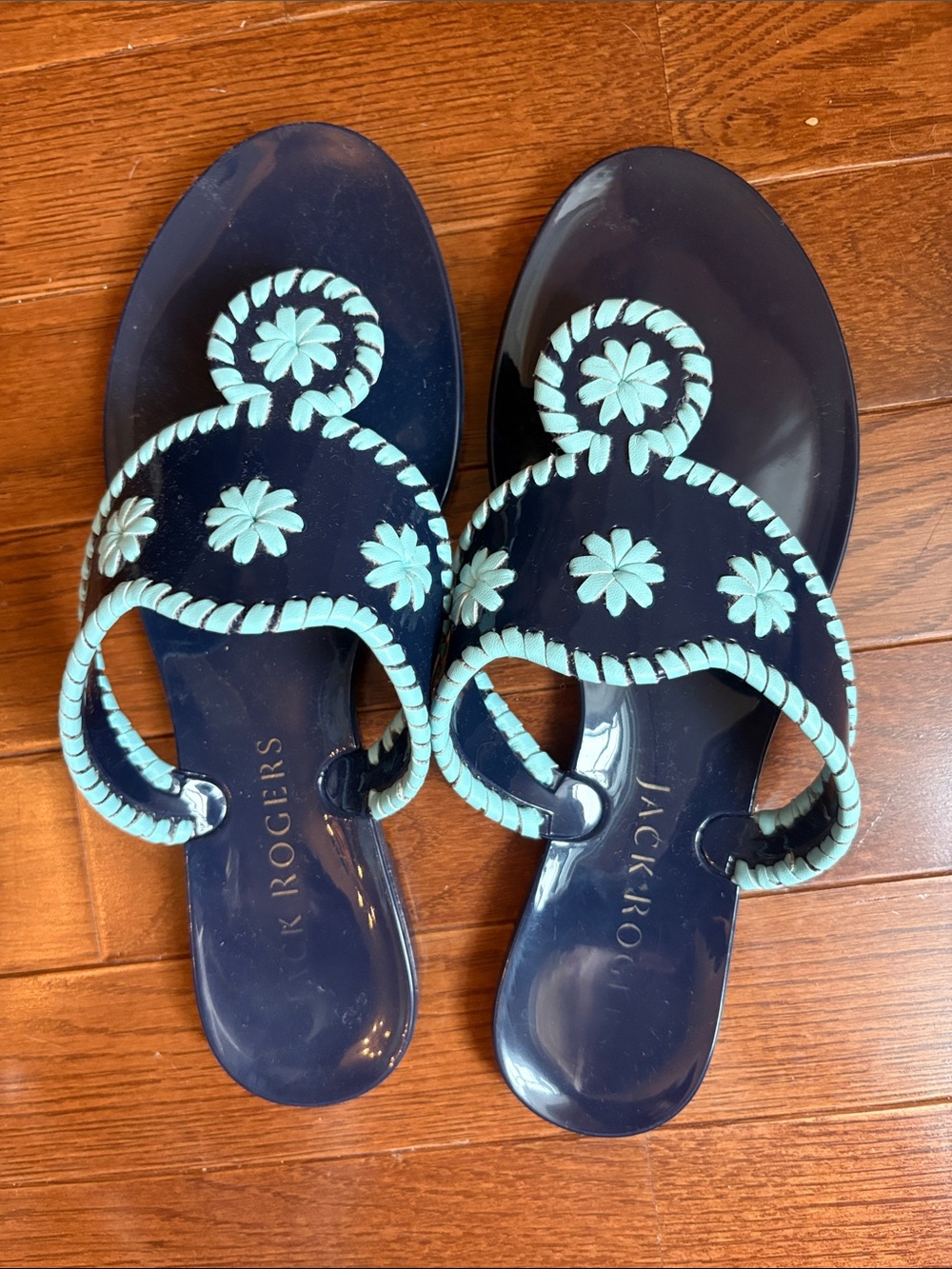 Jack Rogers Jelly Navy Sandals with light blue whipstitch
